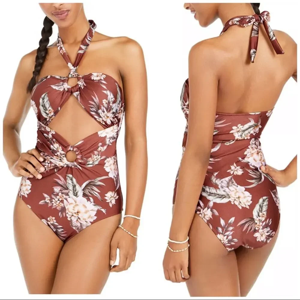 Bar III LUAU PALM Cutout Halter One-Piece Swimsuit